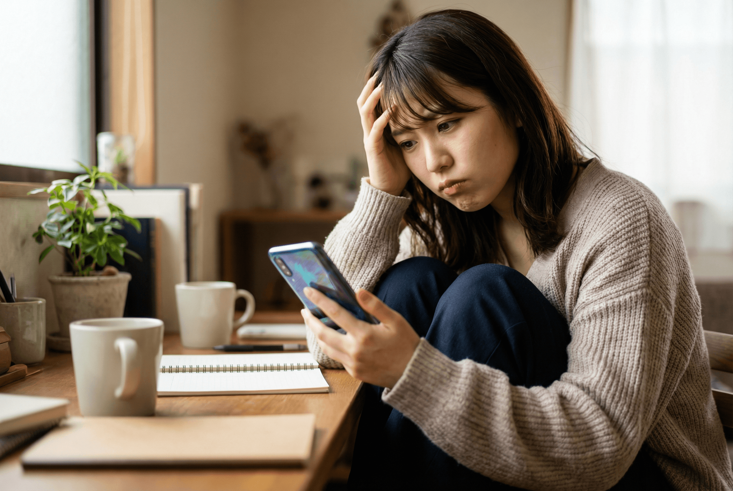 スマホを見て悩む女性